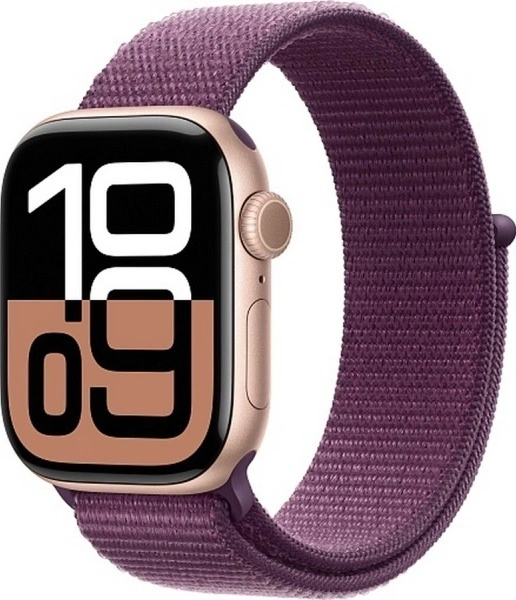 Apple Watch Series 10, 46 мм, корпус из алюминия цвета «розовое золото», спортивный ремешок петля цвета «сливовый» S/M (MWY83)