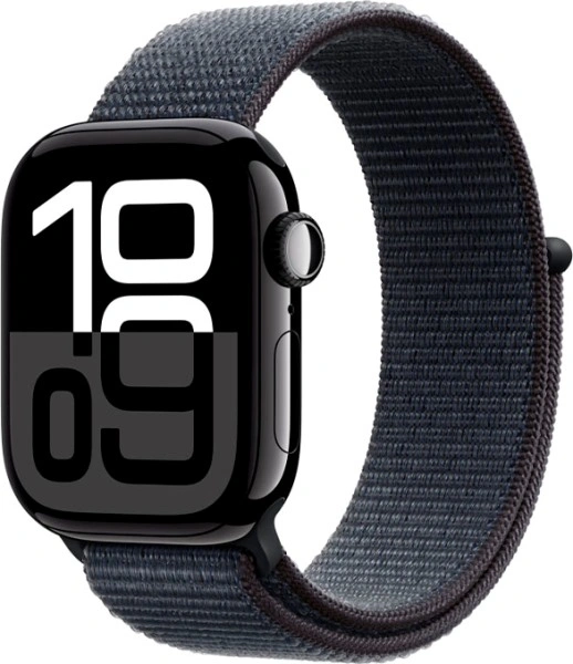 Apple Watch Series 10, 46 мм, корпус из алюминия цвета «чёрный глянец», спортивный ремешок петля чернильного цвета S/M (MWWR3)