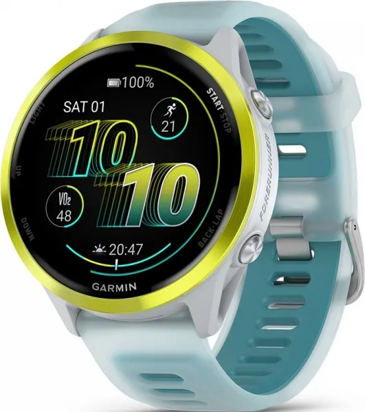 Умные часы Умные часы Garmin Forerunner 570 47 mm AMOLED (010-02971-41) светло-серый, алюминиевый безель ярко-желтого цвета, бирюзовый ремешок