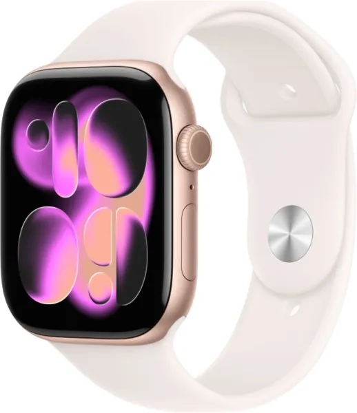 Apple Watch Series 11, 46 мм, корпус из алюминия цвета «розовое золото», спортивный ремешок цвета «светлый румянец» S/M (MEV64)