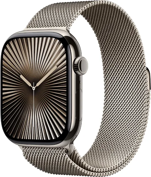 Apple Watch Series 10, 46 мм, корпус из титана цвета «титановый бежевый», спортивный ремешок цвета «миланская петля» бежевый S/M (MC7Q4)