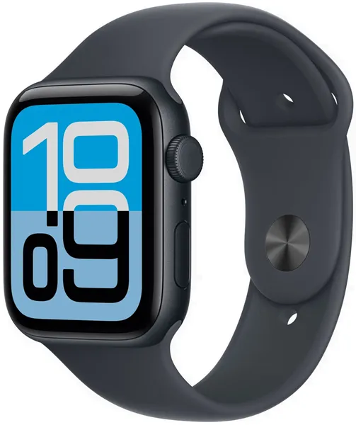 Умные часы Apple Watch SE 3 2025, 44 мм, корпус из алюминия цвета «тёмная ночь», спортивный ремешок цвета «тёмная ночь», размер M/L (MEHQ4)