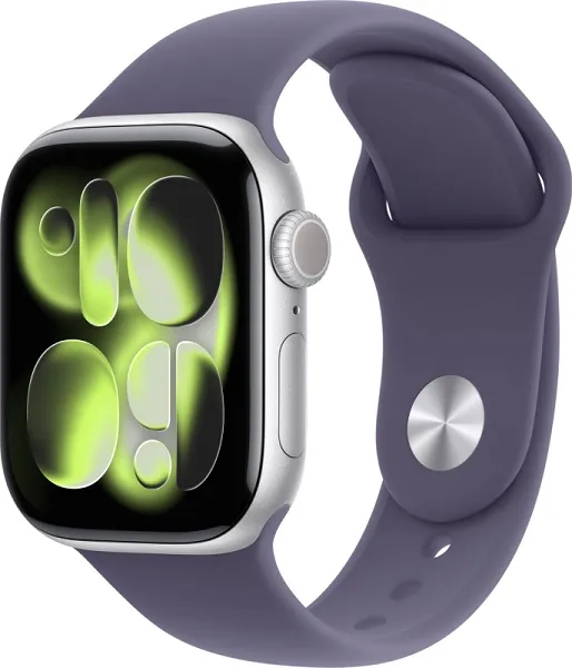 Apple Watch Series 11, 46 мм, корпус из алюминия цвета «серебристый», спортивный ремешок цвета «фиолетовый туман» M/L (MEVA4)